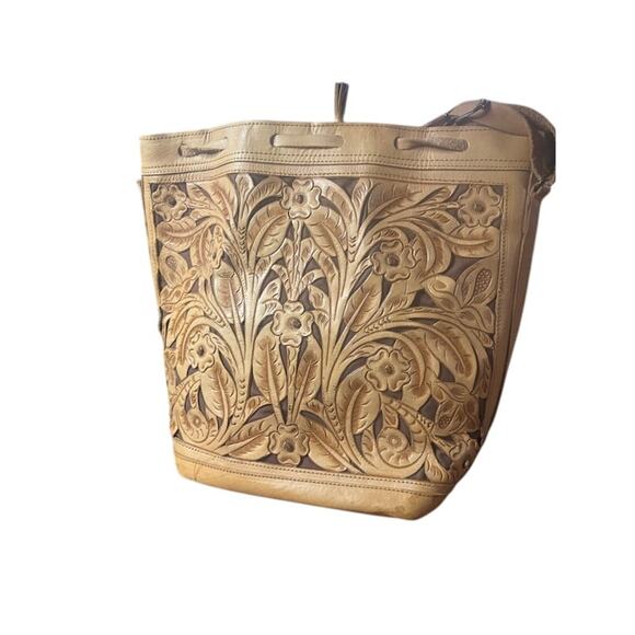 Vintage Hand Tooled Tan Brown Leather Hand / Shoulder Bag Floral Hippie Boho 70s - Picture 4 of 11